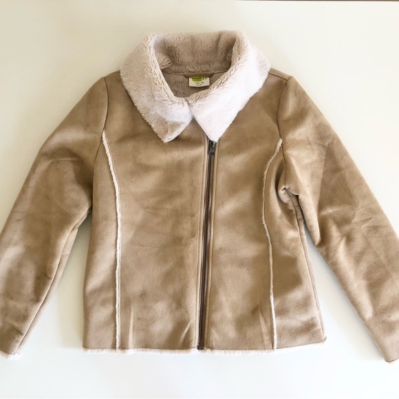 Crazy 8 Faux Suede Jacket Girls Large 10/12 Beige Tan Soft Fur Cream Lining - Picture 5 of 7